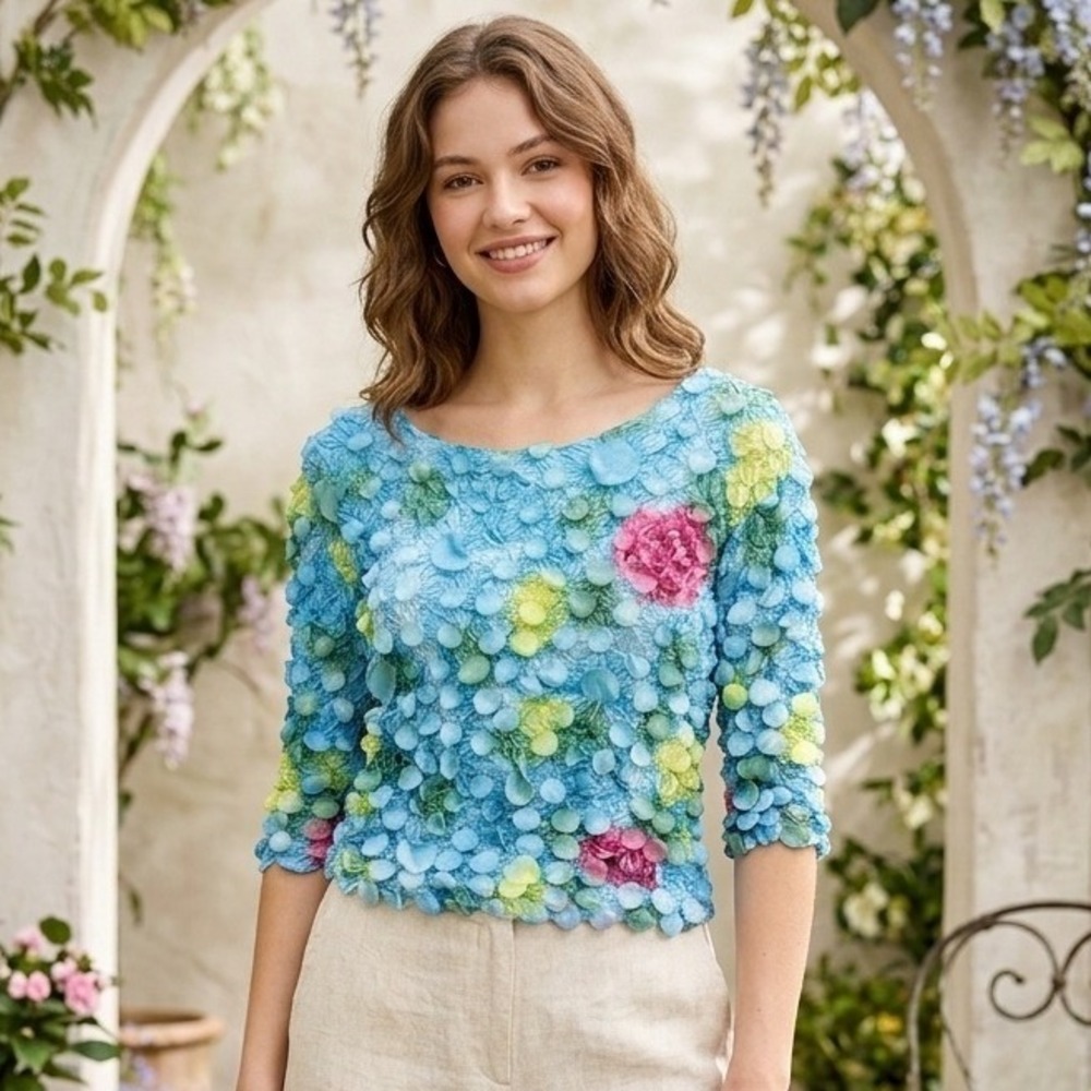 Vintage UBU Blue Floral Popcorn Top 3D Textured Stretch Blouse 3/4 Sleeve 2001WS